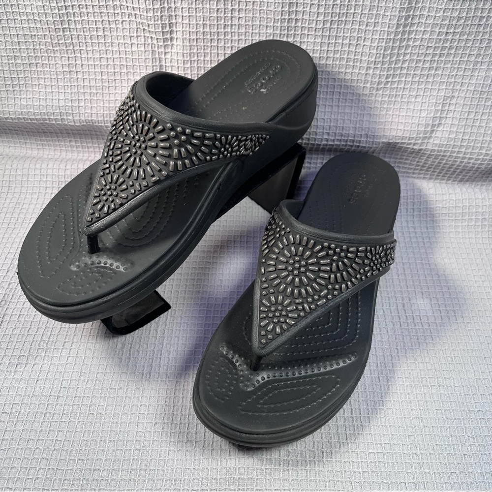 Black Women's Beaded Wedge Thong Sandals